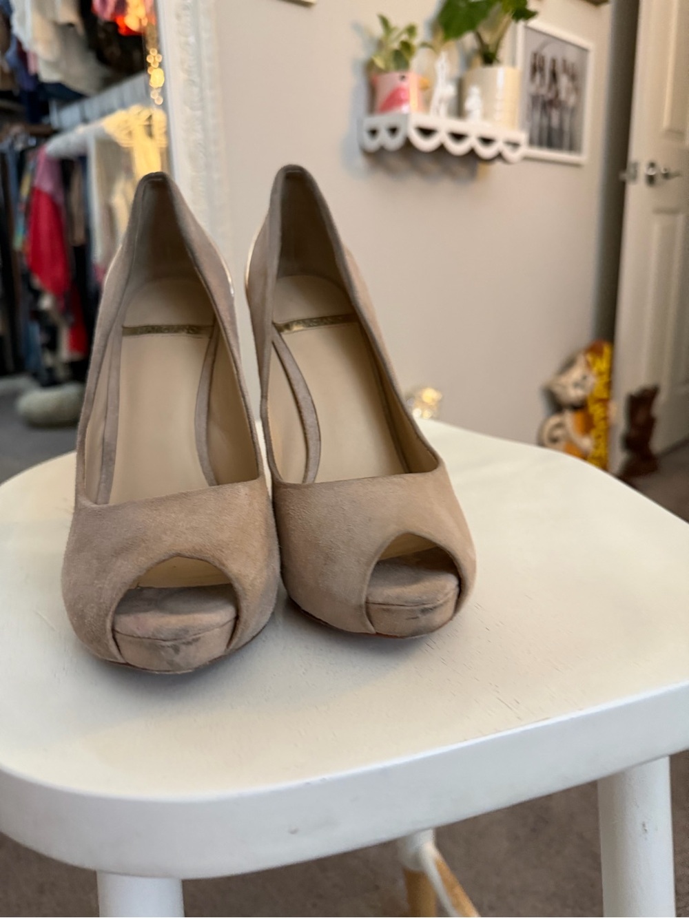 Marciano Taupe Suede Peep-Toe Heels